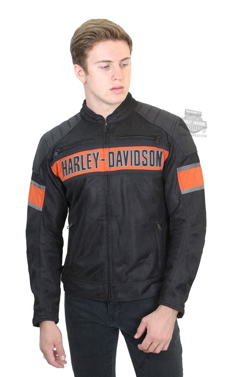 We maintain durability by engineering reinforced shoulders and elbows on this men's textile motorcycle jacket. Harley-Davidson® Mens Trenton Mesh Riding #1 B&S Logo ...