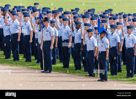 Flight Of Airmen In Dress Blues Being Sworn Into Service During Usaf