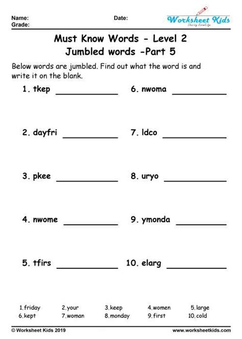 Jumbled Words Exercise With Answers