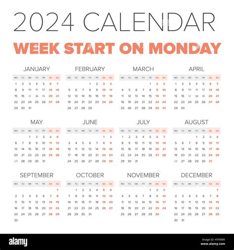 Simple Calendar 2024 Weeks Start On Monday Vector Image Calendar 2024
