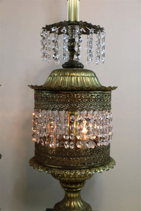 2 Hollywood Regency Antique Brass Table Lamps Hanging Crystal