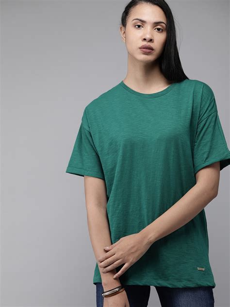 Buy The Roadster Lifestyle Co Women Teal Green Solid Round Neck Pure Cotton T Shirt Tshirts