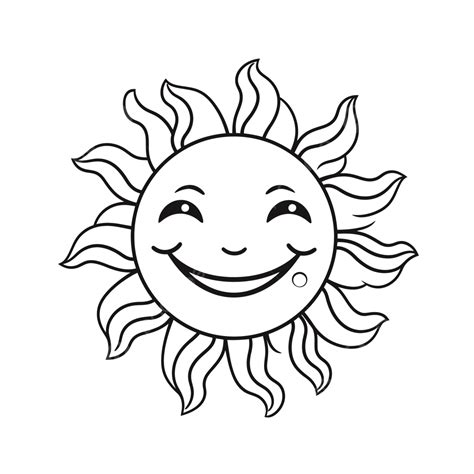Sun Drawing With A Smile In Black And White Outline Sketch Vector Real