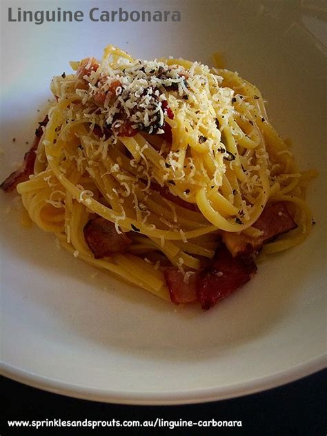 If you ask an englishman they'll probably tell you it's a dish prepared with cream and ham! Linguine Carbonara. Spaghetti carbonara but with linguine ...
