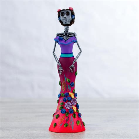 Hand Painted Catrina Sculpture In Strawberry And Boysenberry Floral