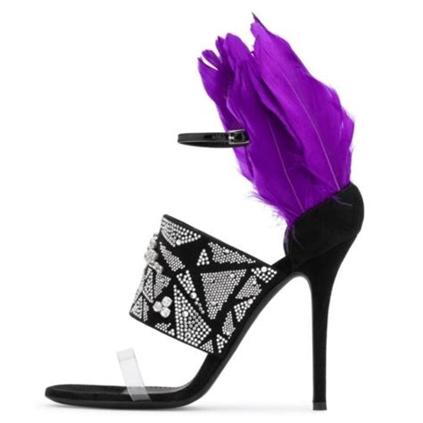 Purple Feather Woman Sandals Sexy Pvc Strap High Heels Shoes Crystal