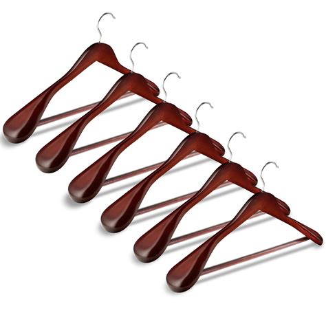 High Grade Wide Shoulder Wooden Hangers 6 Pack With Non Slip Pants Bar