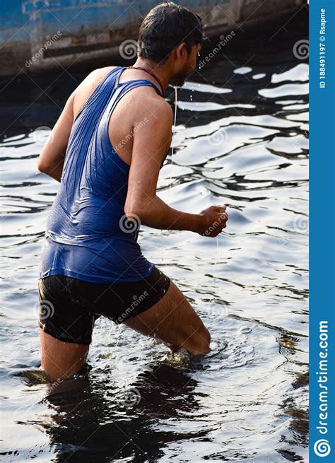 Delhi India Dec 31 2019 Man Taking Bath In Holy River Of Yamuna
