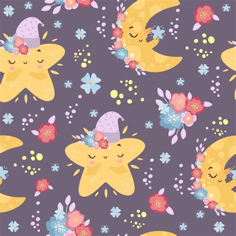 Free Vector Cute Moon And Stars Seamless Pattern In Colors