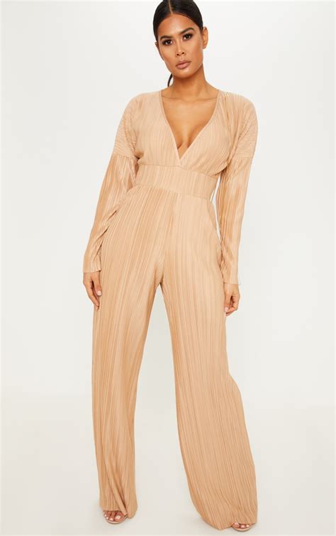 Stone Long Sleeve Pleated Jumpsuit Prettylittlething Usa