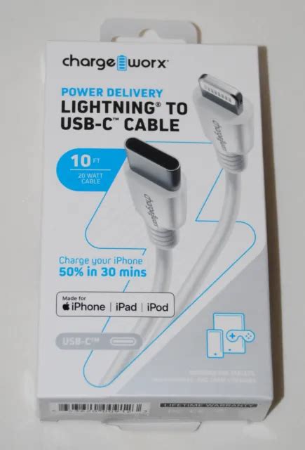 Nib Charge Worx Power Delivery Lightning To Usb C Cable In White 10