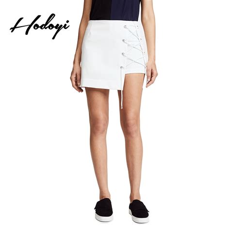 Hodoyi Women 2018 New Arrival Casual Solid Asymmetric Split Lace Up Mini Skirt Office Lady Basic