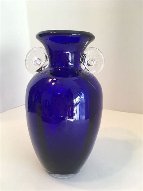 Hand Blown Cobalt Blue Glass Vase With Clear Glass Handles Heavy