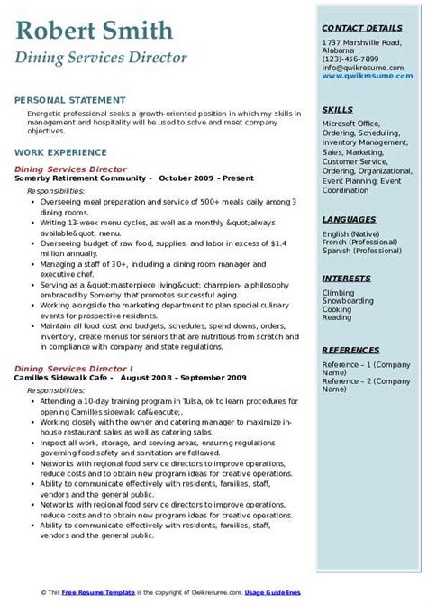 Dining Services Director Resume Samples Qwikresume
