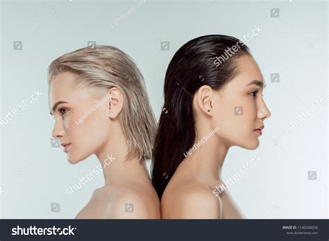 Beautiful Naked Multicultural Girls Posing Back Stock Photo