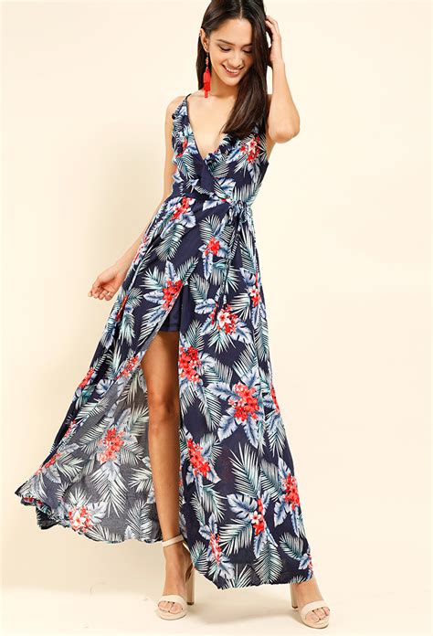 Tropical Floral Print Wrap Maxi Dress Shop Old Maxi Dresses At Papaya