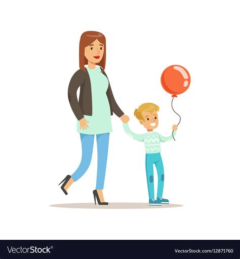 Mom And Son Walking Outdoors Loving Mother Vector Image