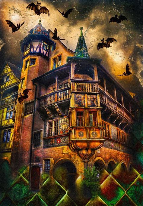 A Painting Of A Building With Bats Flying Around It