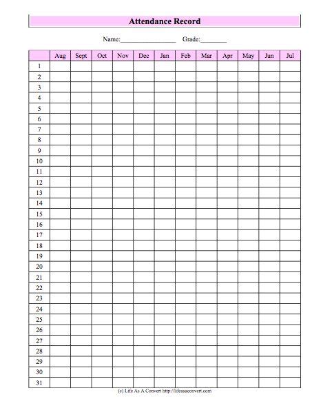 Attendance Records For Homeschool Free Printables Math Worksheets