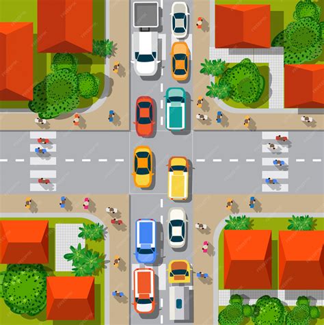 Premium Vector Top View Of The Urban Crossroads With Cars And Houses