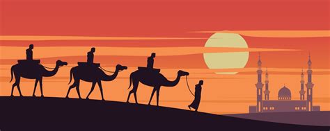 Caravan Muslim Ride Camel To Mosque Of Dubai On Sunset Timethe