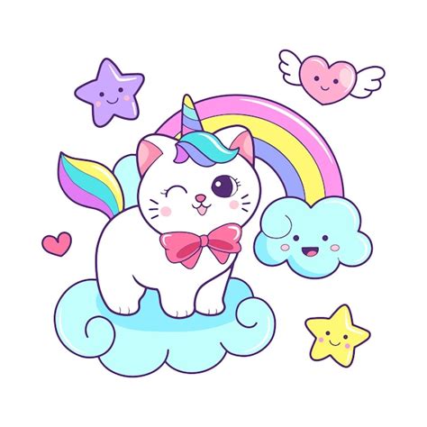 Premium Vector Cute Cat Unicorn And Rainbow Cartoon Vector Illustration