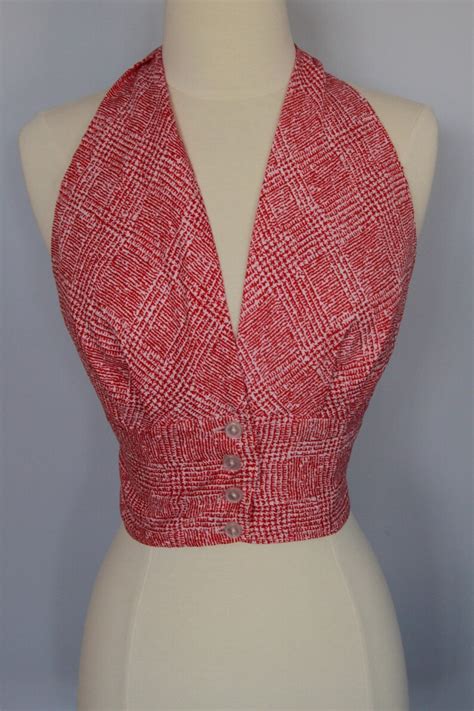 Vintage 70s Hippie Boho Halter Top Open Back Xs S Red White Etsy