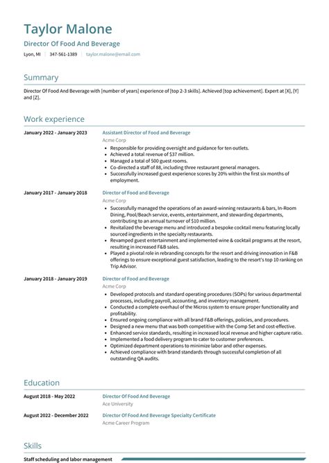 Director Of Food And Beverage Resume Examples And Templates