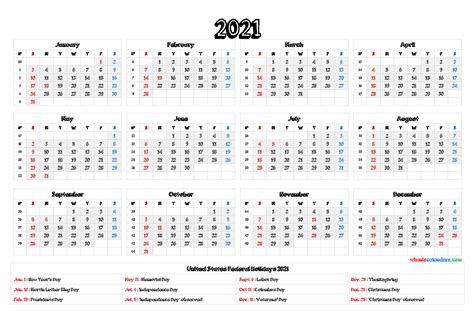 2021 Printable Calendar With Holidays Template Business Format
