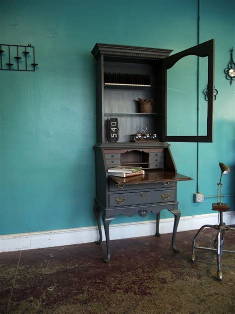 Antique walnut secretary desk with beautiful hutch top. Vintage Ground: Stunning Vintage Deep Gray Secretary / Desk