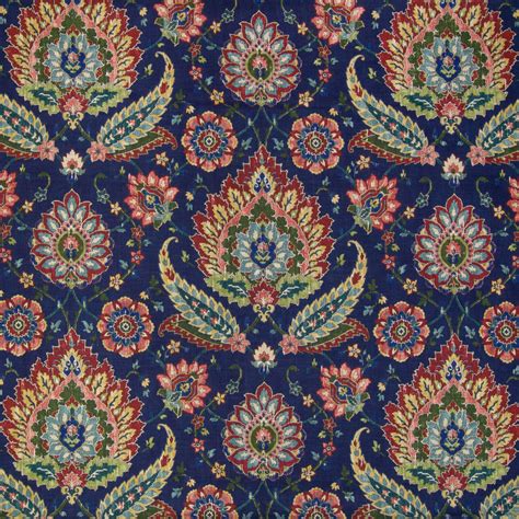 Heraldic Blue Floral Linen Upholstery Fabric