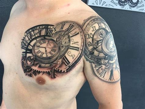 Black Grey Tattoo Realistic Clock Lots Of Detail Arm Chest