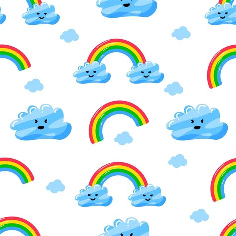 Cute Clouds And Rainbow Character Seamless Pattern 2416824 Vector Art