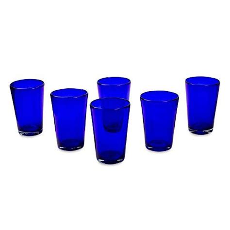 Novica Artisan Crafted Hand Blown Blue Recycled Glass Water Glasses 16 Oz Cobalt Angles Set Of 6