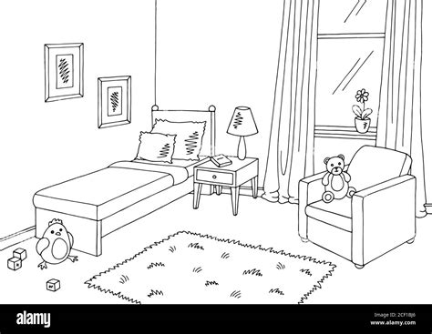 Children Room Graphic Black White Interior Sketch Illustration Vector