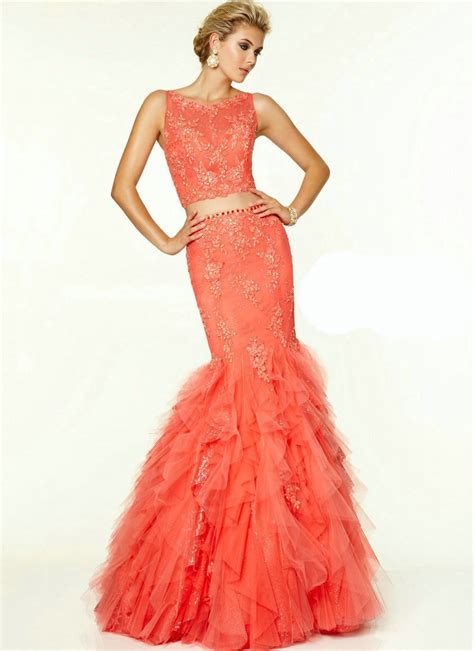 Coral Colored Prom Dresses 2015 Sleeveless Beautiful Mermaid Prom Dresses Long Elegant Two Piece