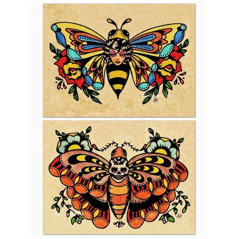 Old School Tattoo Art Flash Bee Butterfly And Skull Moth Prints