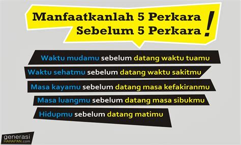 Detail ingat 5 perkara mp3 dapat kamu nikmati dengan cara klik tombol download mp3 di bawah, dan untuk link download lagu ingat 5 perkara ada di halaman selanjutnya. Manfaatkanlah 5 Perkara Sebelum 5 Perkara | Generasi Harapan