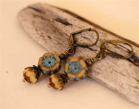 Turquoise And Tan Earrings Turquoise Earrings Czech Glass Etsy