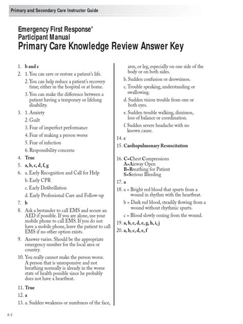 Primary Care Knowledge Review Answer Key Emergency First Response