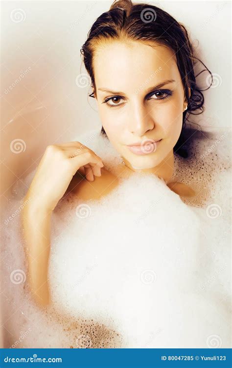 Young Cute Sweet Brunette Woman Taking Bath Happy Smiling Peopl Stock