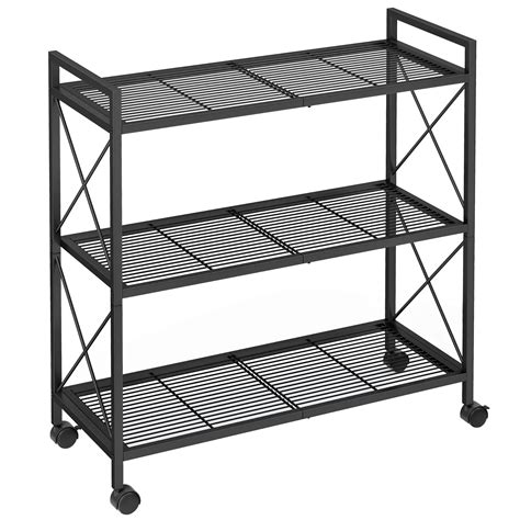 songmics 3 tier metal storage rack with wheels mesh shelving unit with x side frames 31 5 inch