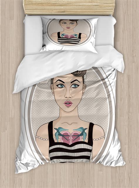 Pin Up Girl Twin Size Duvet Cover Set Rockabilly Style Rebel Girl With