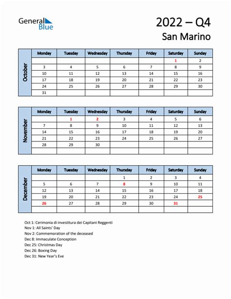 Three Month Calendar For San Marino Q4 Of 2022