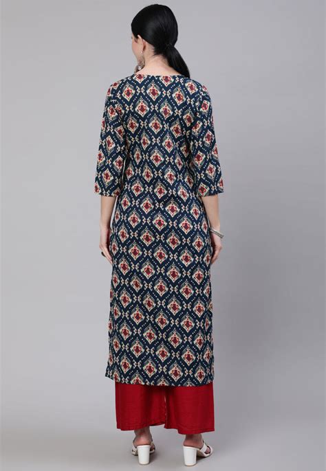 Buy Ikat Printed Pure Cotton Straight Kurta In Teal Blue Online