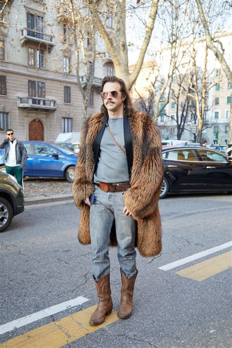 Man With Sunglasses Fur Coat And Brown Boots Before Marni Fashion Show
