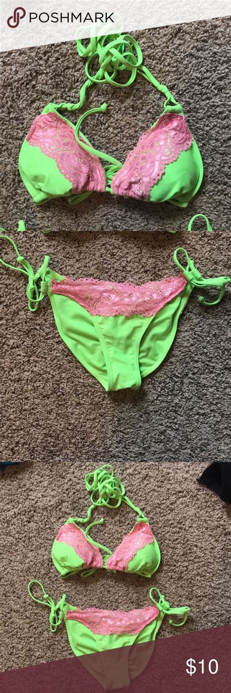 two piece skimpy bikini bright green with pink lace skimpy bikini no size or brand tags but i m