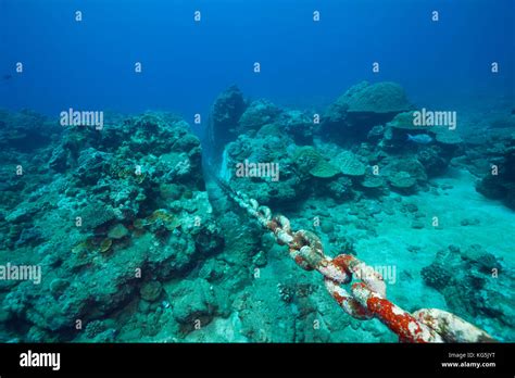 Chain Of Moored Buoy Damages Reef Christmas Island Australia Stock
