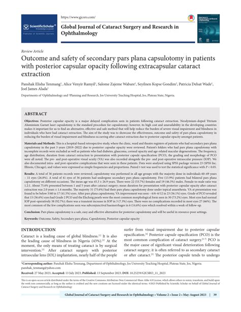 Pdf Outcome And Safety Of Secondary Pars Plana Capsulotomy In