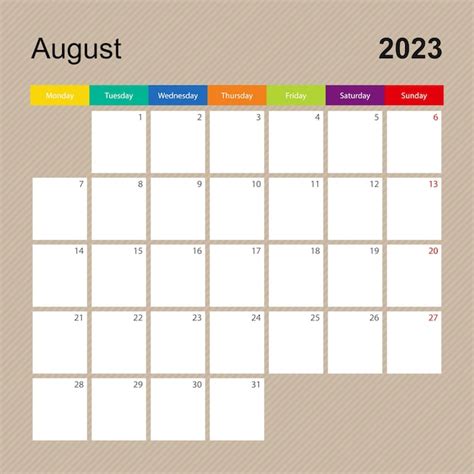 Premium Vector Calendar Page For August 2023 Wall Planner With
